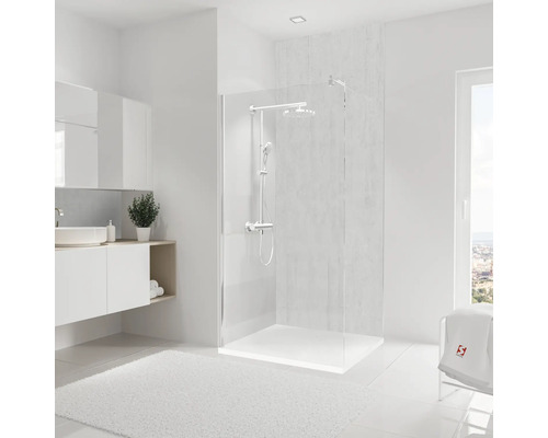 Panneau mural de douche SCHULTE DecoDesign béton clair 255 x 100 cm D1901025 625 Salle de bains avec cabine de douche, lavabo et serviette