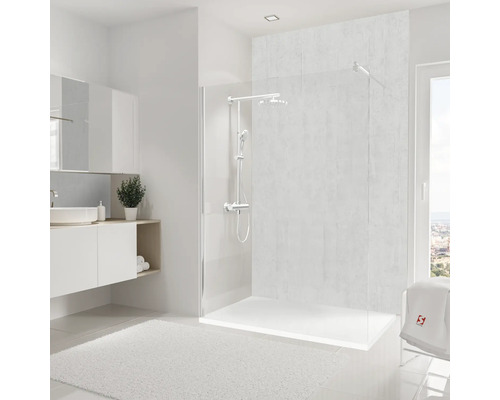 Panneau mural de douche SCHULTE DecoDesign béton clair 255 x 150 cm D1901525 625 Salle de bains moderne avec douche, meuble sous-lavabo et serviette