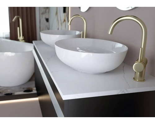 Vasques de salle de bain en céramique sur plan de toilette avec robinets