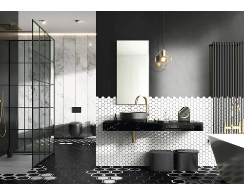 Salle de bain moderne avec cabine de douche, lavabo avec miroir et accents sombres