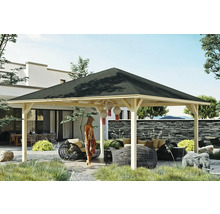 Pavillon en bois avec toit foncé dans un jardin