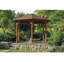 Pavillon de jardin en bois avec toit de tuiles dans un jardin