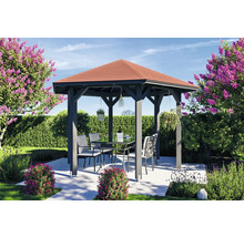 Scène de jardin avec pavillon en bois, table de jardin et chaises de jardin