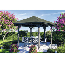 Pavillon hexagonal avec coin salon dans un jardin