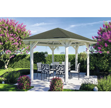 Scène de jardin avec pavillon blanc, coin salon et plantes fleuries