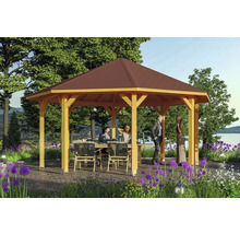 Pavillon de jardin en bois avec toit et salon de jardin dans un jardin