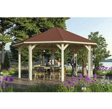 Pavillon de jardin en bois avec toit rouge et personnes dans le jardin