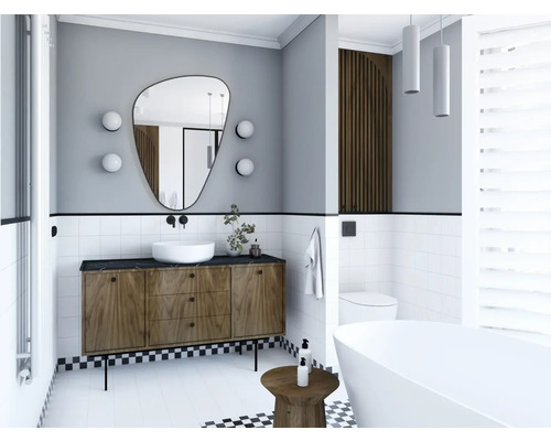 Modernes Badezimmer mit Waschtischunterschrank, Spiegel und freistehender Badewanne