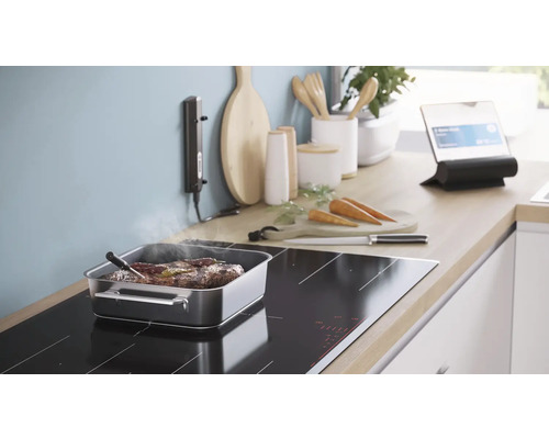 Cuisine avec plaque à induction, rôtissoire, thermomètre à viande et tablette