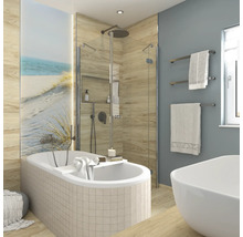 Salle de bains avec baignoire, douche et porte-serviettes au design clair