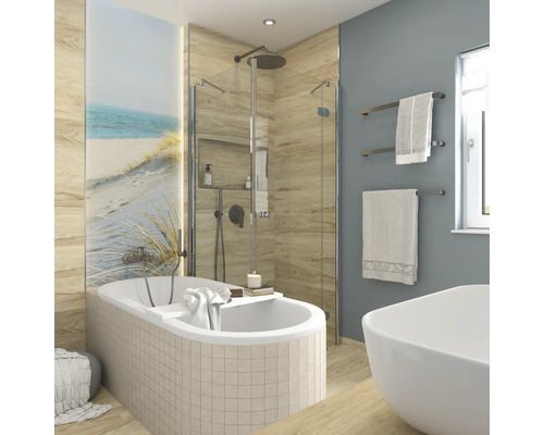 Salle de bains avec baignoire, douche et porte-serviettes au design clair