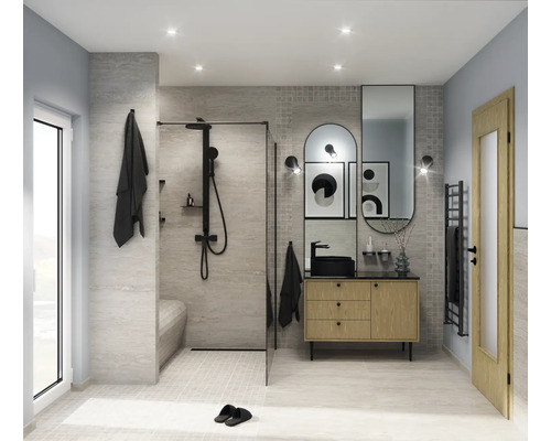 Salle de bains moderne avec douche, meuble-lavabo et miroir