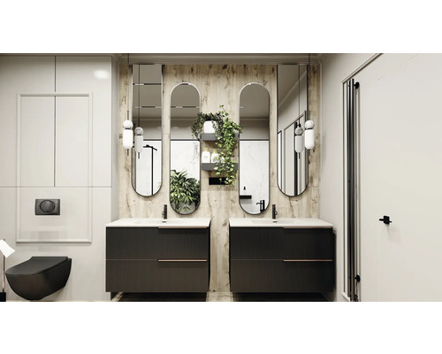 Modernes Badezimmer mit Doppelwaschtisch, Spiegeln und hängendem WC.