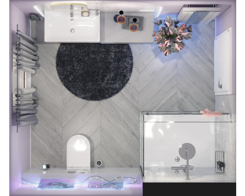 Vue de dessus d''une salle de bains avec lavabo, toilettes, douche et tapis rond