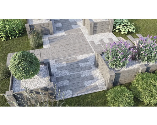 Gartenlandschaft mit Holzterrassen, Kieswegen und Pflanzenbeeten