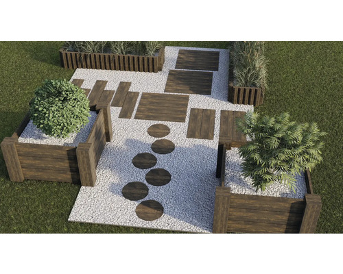 Gestalteter Gartenbereich mit Kies, Holzwegplatten und Pflanzkästen aus Holz.