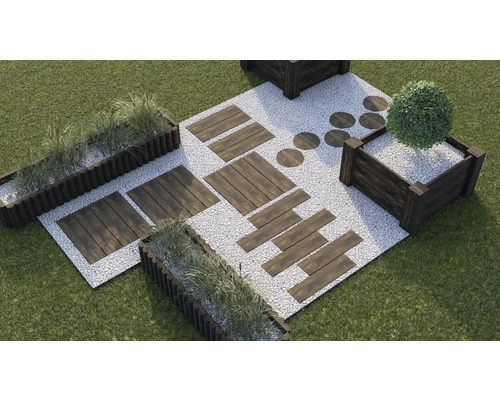 Aménagement de jardin avec chemin en bois, gravier et jardinières