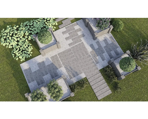 Vue aérienne d''un jardin avec du gravier, des plaques de bois et des plantes