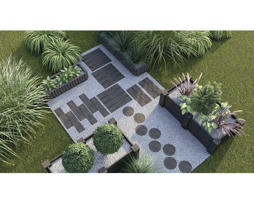 Vue de dessus d''un jardin avec du gravier, des plantes et des chemins en bois