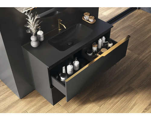 Schwarzer Waschtisch mit geöffneter Schublade, Armatur und Waschbecken