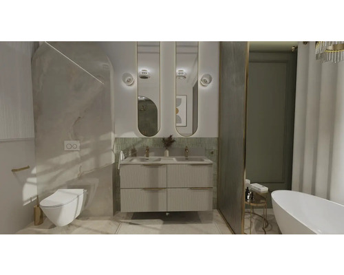 Badezimmer mit Waschtisch, Spiegeln, Toilette und Badewanne