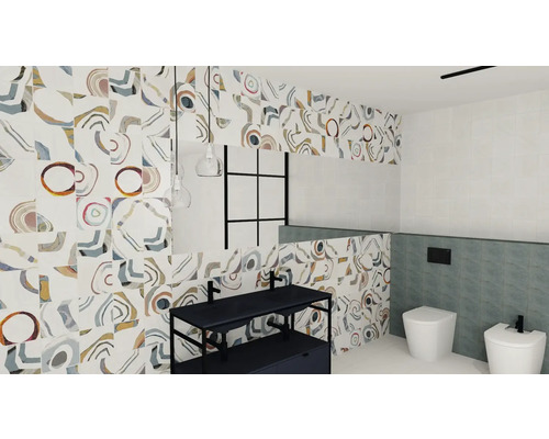 Salle de bain avec lavabo, toilettes, bidet et carrelage à motifs