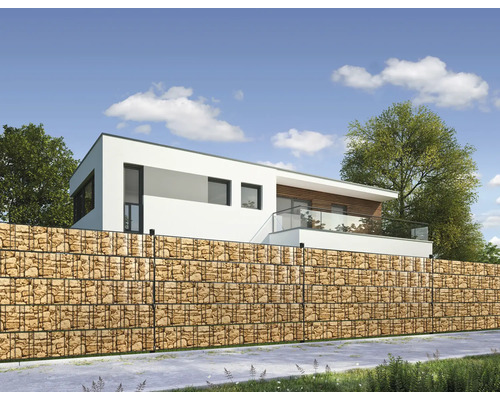 Mur de gabions devant une maison moderne avec jardin