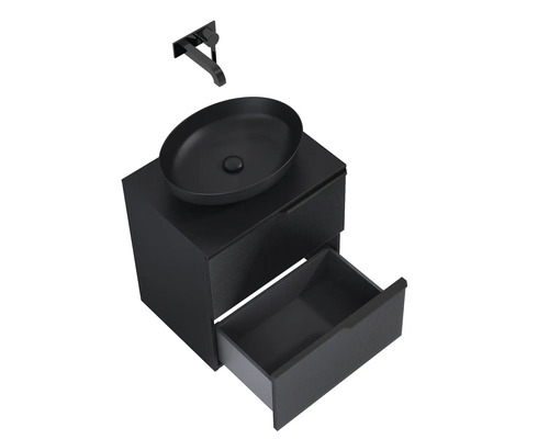 Meuble-lavabo avec tiroir ouvert, vasque à poser et robinet