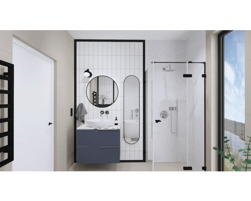 Salle de bains moderne avec lavabo, miroir, douche et radiateur.