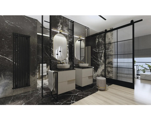 Salle de bains lumineuse avec vasques, miroirs et radiateur devant un mur en marbre