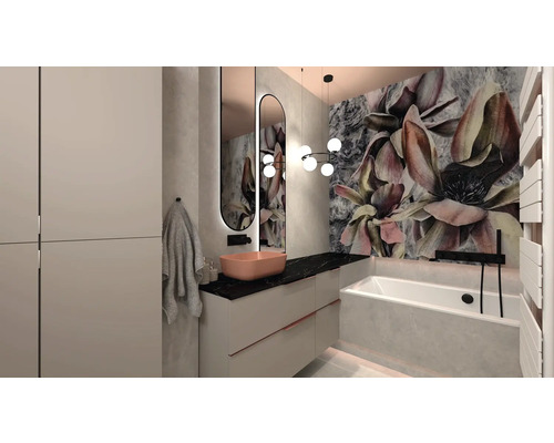 Salle de bains moderne avec lavabo, miroir, baignoire et papier peint à motifs floraux