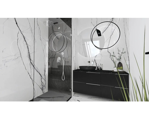 Salle de bain moderne avec douche, lavabo et miroir