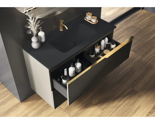 Meuble-lavabo de salle de bains avec tiroirs pour ranger les articles de toilette.