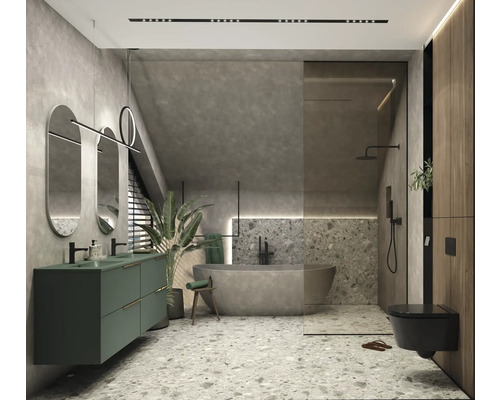 Salle de bain moderne avec meuble-lavabo, miroirs, baignoire, douche et toilettes