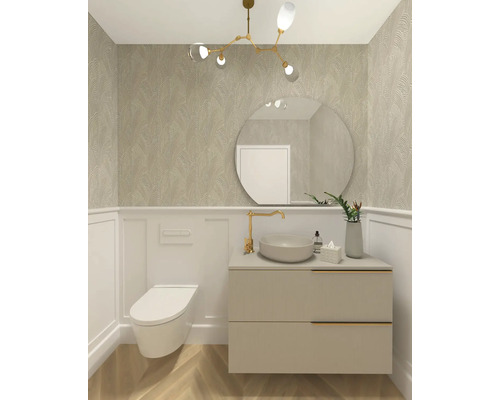 Salle de bains moderne avec WC suspendu, meuble sous-lavabo, miroir rond et plafonnier