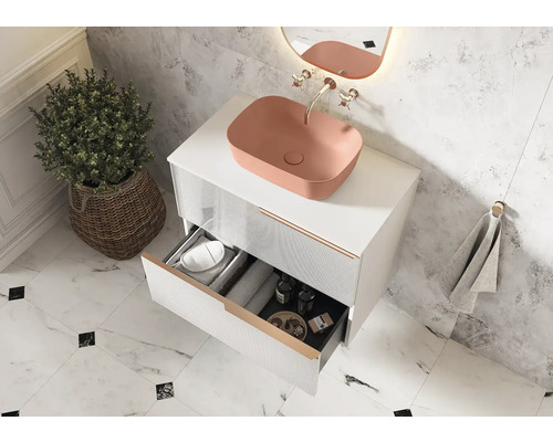Salle de bain moderne avec lavabo, meuble sous-vasque à tiroirs et éléments décoratifs.