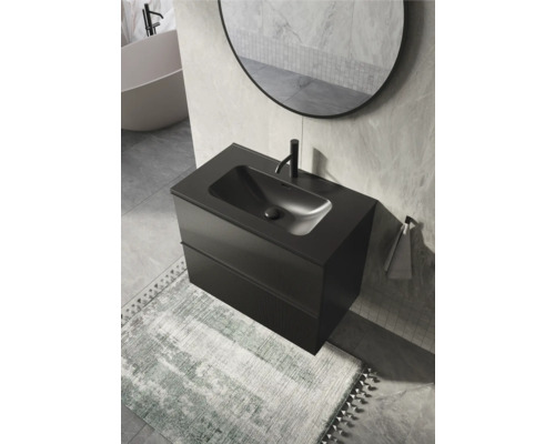 Salle de bain moderne avec meuble sous-vasque noir, vasque à poser et miroir