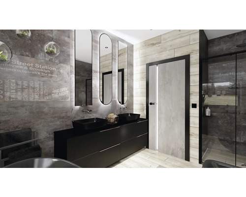 Salle de bain moderne avec meuble-lavabo, miroirs, douche et carreaux gris