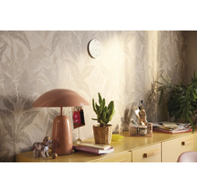 Pièce décorative avec papier peint à motifs, lampe de table et divers éléments de décoration sur une armoire jaune.