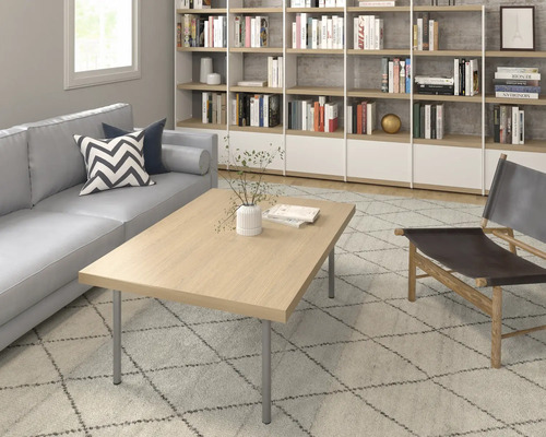 Salon avec canapé, table basse, fauteuil et bibliothèque