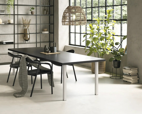 Esszimmer mit Tisch, Stühlen, Regalen und Pflanzen