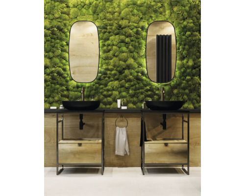 Salle de bains avec deux lavabos, vasques à poser noires, miroirs et mur végétal en mousse