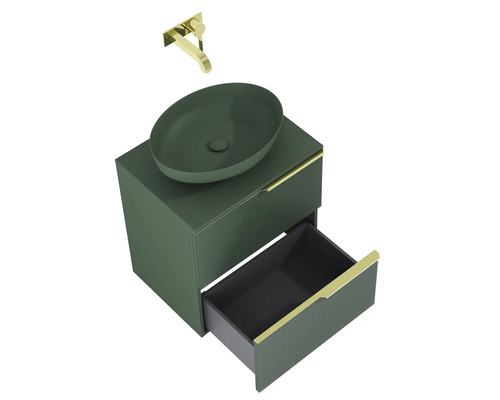 Waschtischkombination mit Aufsatzwaschbecken, Armatur und offenem Schubfach