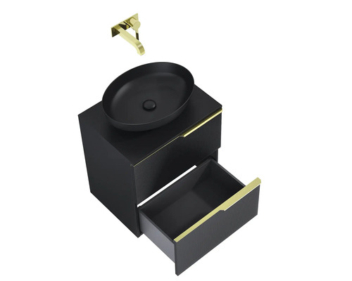 Meuble-lavabo avec meuble sous-vasque, vasque à poser noire et robinetterie dorée