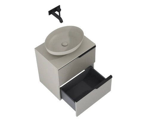 Meuble-lavabo avec tiroir ouvert et robinetterie