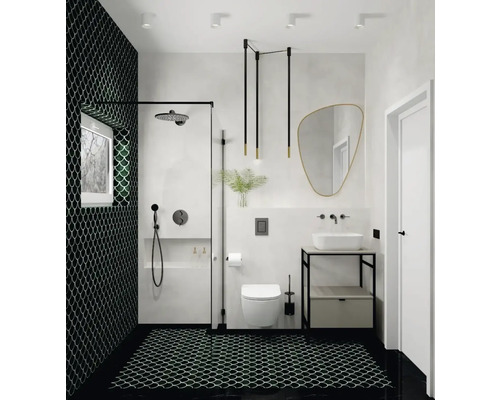Salle de bains moderne avec douche, lavabo, miroir et accents noirs