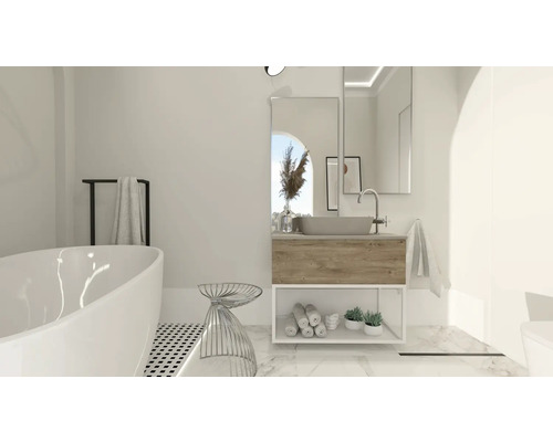 Salle de bains lumineuse avec baignoire îlot, meuble-lavabo avec miroir et éléments décoratifs pour une ambiance conviviale.