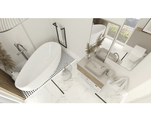 Salle de bain lumineuse avec baignoire îlot, meuble-lavabo et miroir