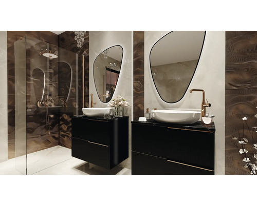 Salle de bains moderne avec douche, lavabos, miroirs et décor élégant