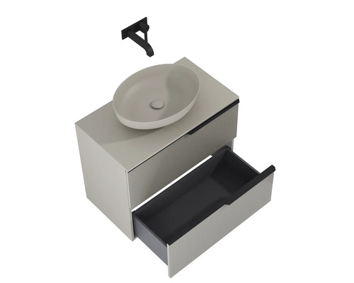 Ensemble de meuble-lavabo avec vasque à poser, tiroir ouvert et robinet